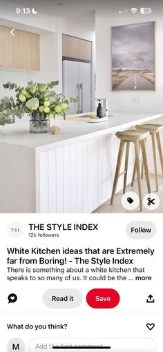 an instagram page for the style index featuring white kitchen cabinets and bar stools