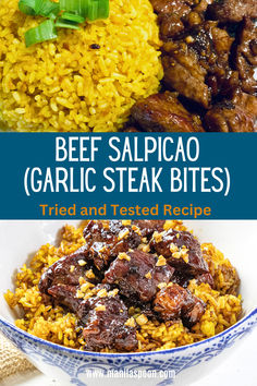 beef and rice in a blue and white bowl with the words beef salad garlic steak bites