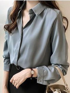 Elegant Chiffon V-neck Tops, Solid Long Sleeve Shirt For Office, Elegant Solid Color Shirt For Work, Elegant Solid V-neck Shirt, Elegant Solid Color Office Shirt, Formal V-neck Solid Color Tops, Chic Solid Color V-neck Shirt, Workwear Collar Blouse In Solid Color, Workwear Solid Color Blouse With Collar