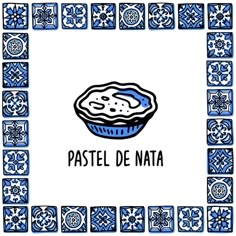 a blue and white frame with an image of a pie on it, in spanish