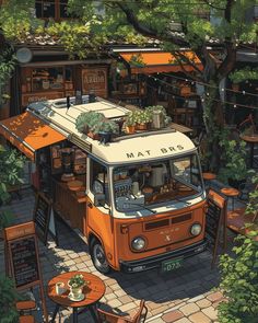 an orange and white food truck parked in front of a building with plants on top