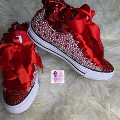 Custom Bling Converse All Star Chuck Taylor Sneakers. All designs handmade and embellished with a variety of high quality crystals. Good for weddings, proms, homecomings, birthdays, special events or just your everyday girly girl. Shoe Details: Classic red low top Converse All Star Chuck Taylor Sneaker (Cloth material style) Shoe Size: starting at women's size 5 to women's size 12; Size availability may vary based on our suppliers current inventory. If your size is out of stock at the time of yo Luxury Red Custom Sneakers For Women, Luxury Red Custom Sneakers With Red Sole, Bedazzled Sneakers, Red And White Converse, Wedding Tennis Shoes, Bedazzled Shoes Diy, Air Force One Shoes, Sorority Fashion, Bedazzled Shoes