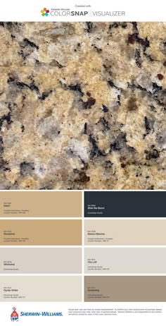 the color scheme for this granite countertop is beige and brown, with black spots on it