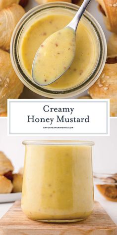 creamy honey mustard in a jar with a spoon next to it and croissants in the background