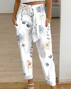 OrcaJump - Chic High Waist Pants with Floral Print, Belted Waist, and Pocket Detailing Pocket Design Fashion, Women High Waist Pants, Casual Linen Pants, Clothing Tips, Two Piece Jumpsuit, Over 60 Fashion, Zipper Pants, Linen Casual, 60 Fashion