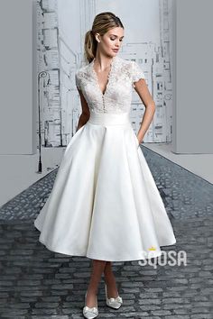 Sexy V-neck Cap Sleeves Lace Bodice Tea Length Beach Wedding Dress with Pockets QW2477|SQOSA Simple Civil Wedding Dress Classy, Simple Civil Wedding Dress, Civil Wedding Dress Ideas, Graduation White Dress, Simple Bridal Gown, Sleeve Dress Formal, Hall Wedding Dress, Wedding Dress Classy, City Hall Wedding Dress