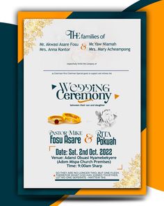 the wedding ceremony flyer is shown with two gold rings on top of each other and an orange background