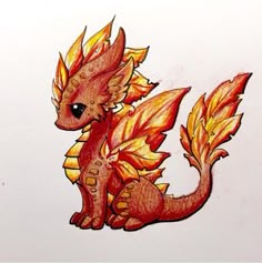 a drawing of a red and yellow dragon with flames on it's tail, sitting in front of a white background