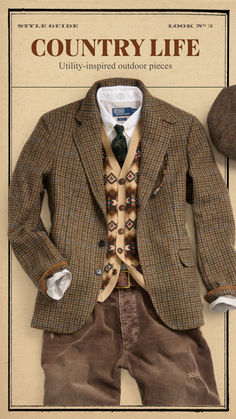 Finished with suede details, this suit jacket is crafted in Italy with plaid wool twill. Its washed fabric was custom-developed for Polo Ralph Lauren by Abraham Moon & Sons, a storied British mill. Ralph Lauren Fashion Men, Vintage Ralph Lauren Men, Wool Suits Men, British Mens Fashion, Country Style Men, Manly Outfits, Vintage Outfits For Men, Tweed Jacket Style