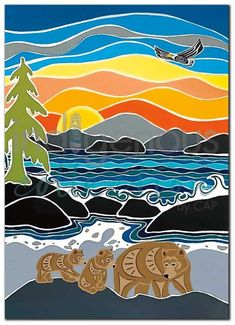 three bears are standing in front of the ocean and mountains with an eagle flying over them