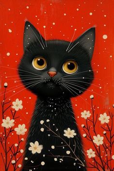 a painting of a black cat surrounded by white flowers