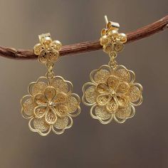 Gold Plated Filigree Handmade Flower Dangle Earrings - Yellow Rose | NOVICA Flower Earrings Dangle, Gold Flower Earrings, Gold Jhumka Earrings, Filigree Jewelry, Gold Chains For Men, Gold Jewelry Earrings, Bridal Gold Jewellery Designs, Gold Earrings Designs, Gold Necklace Designs