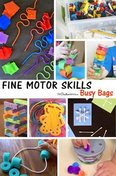 many different types of fine motor skills are shown in this collage with the words busy bags