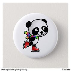 a button with a panda skateboarding on it's back and the caption skating panda by shoopilly