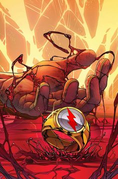 an illustration of a giant spider crawling on the ground next to a yellow and red object