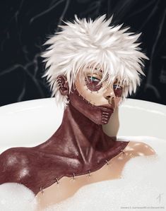 a man with white hair and spiked ears in a bathtub filled with foamy water