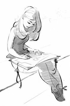 a drawing of a woman sitting on a bench with her legs crossed and writing in a notebook