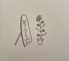 a drawing of a mirror and flower pot