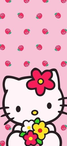 a hello kitty wallpaper with strawberries and flowers