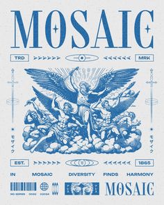 an advertisement for the mosaic music festival in blue and white with angels on it