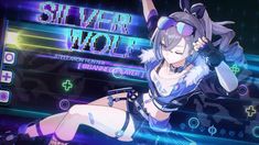 an anime character is dancing in front of a neon background with the words silver wolf on it