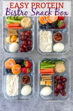 four plastic containers filled with different types of food