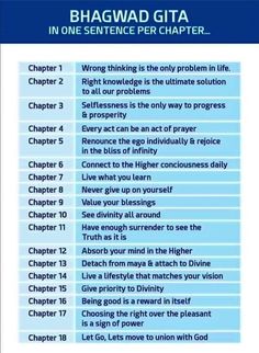 a table with some words on it and an image of the text that says, bhagwadd gita in one sentence per charter