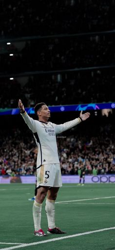 a man standing on top of a soccer field holding his arms out in the air