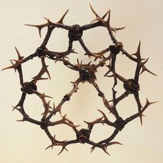 a circular sculpture made out of branches with spikes on it's sides, hanging from the wall