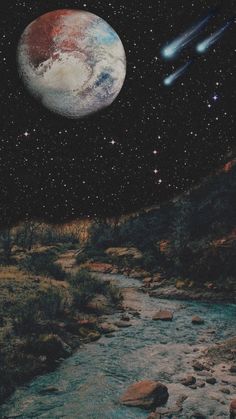 an artist's rendering of two planets in the sky above a river with rocks and grass