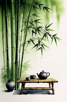 a bamboo painting with tea cups on a table