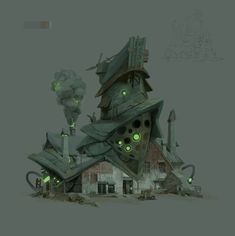 a drawing of a house with green eyes