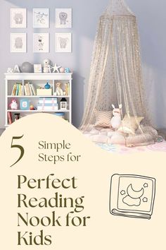 a white bed sitting under a canopy next to a book shelf with pictures on it