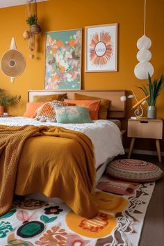 a bedroom with yellow walls and orange bedding, rugs and pictures on the wall