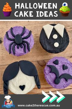 Image 1 - Black + purple Halloween cupcakes. Text reads Halloween cupcake ideas.. Image 2 - a 3D Wednesday Adamms theme cake with mock up of downloadable decorating instructions and cake template. Image 3 - crazy creature cupcakes including black cat, spider, ghost Image 4 - a 3D Frankenstein face cake with downloadable decorating instructions and cake template. Image 5 - jack olantern cupcakes Wednesday Theme Birthday, Wednesday Cupcakes, Fairy Party Food, Wednesday Theme, Halloween Cake Ideas, Kids Birthday Food