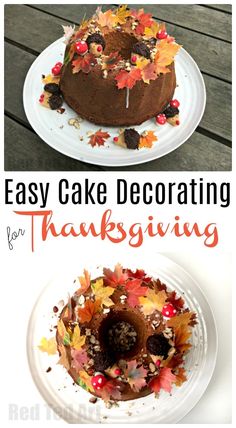 a cake decorated with leaves on top of a white plate and the words easy cake decorating for thanksgiving