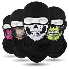 five different colored skull face masks with black and white faces, one is wearing a black hat