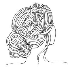 a black and white drawing of a woman's head with braids in her hair