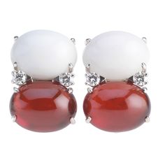 18kt White Gold Grande "Jumbo Sized" GUM DROP™ Earrings with Cabochon White Jade and Cabochon Garnet and four diamonds ~-.60cts - The biggest of the Collection! Both stones are of equal size - measuring 5/8" across and 1/2" tall! These beautiful earring itself measure 1 and 7/8 inches tall. The GUM DROP™ Earring collection comes in 4 sizes and can be made in either Yellow or White Gold with any color stone combination. Please contact me with any questions you may have at all. Best, Christina Month Gemstones, Pearl Chandelier Earrings, Yellow Gold Drop Earrings, White Diamond Earrings, Jade Earrings, Garnet Jewelry, White Jade, White Jewelry, Jade Jewelry