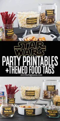 star wars party printables and themed food tags are on display in front of the table