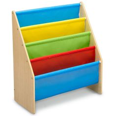 a wooden toy storage unit with four bins in different colors and sizes on the sides