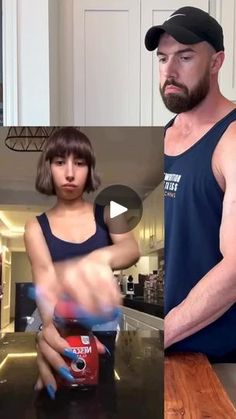 a man and woman standing next to each other in front of a kitchen counter top