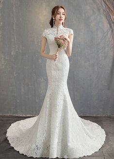 White Qipao wedding dress White Qipao, Qipao Wedding Dress, Cheongsam Wedding, Qipao Wedding, Ivory Bridal Gown, Long Bridal Gown, Chinese Wedding Dress, Womens Wedding Dresses, Ivory Bridal