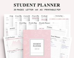 the student planner is shown on top of a pink background with white writing and black lettering