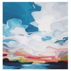 an abstract painting with blue, pink, yellow and white clouds in the sky above water