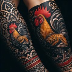 the legs are decorated with tattoos and roosters