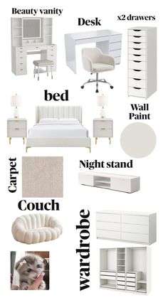 a white bedroom with lots of furniture and accessories