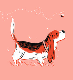 a drawing of a dog on a pink background