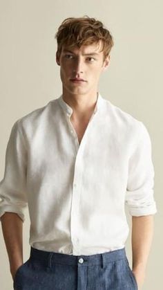 Follow For Daily Updates Male Green Eyes, Green Eyes Light Brown Hair, Minimalist Fashion Men, Casual Menswear, Men's Casual Shirts, Linen Shirt Men, Mens Outfit Inspiration