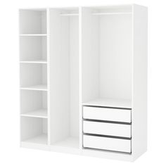 an open white closet with drawers and shelves on the bottom shelf, isolated against a white background